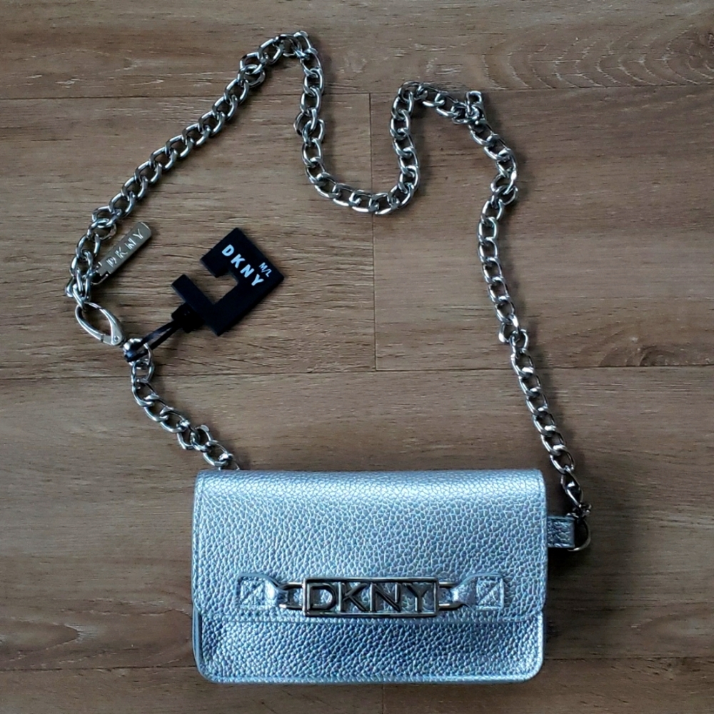 DKNY Silver Leather Convertible Belt Bag.